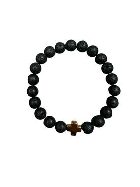Andrew Christian Gold Cross Black Bead Stretch Bracelet — OS